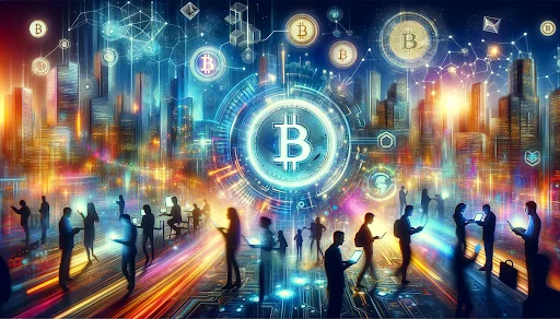 Futuristic cityscape with digital symbols for cryptocurrency, glowing coins, digital charts, and blockchain patterns. People engaging with digital devices symbolising participation in the crypto market.