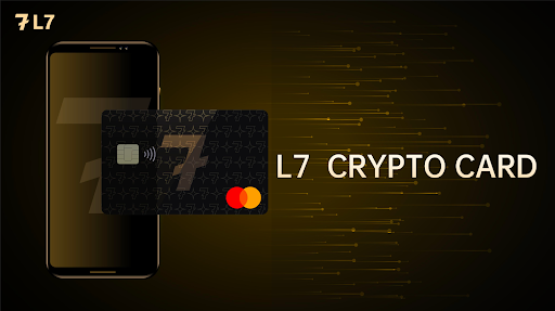 Smartphone with L7 Crypto Card in the foreground, highlighted by a digital design with a gold and black aesthetic and Mastercard logo.