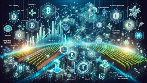 Futuristic depiction of a cryptocurrency trading platform featuring Farming and Syrup Pools, including digital currencies and advanced graphics.