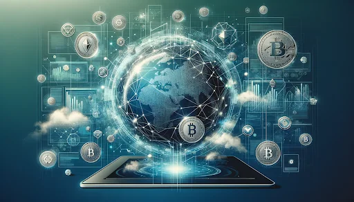 Modern and sophisticated representation of an online conference on Liquidity Pools with digital elements, cryptocurrency symbols, and a network diagram.