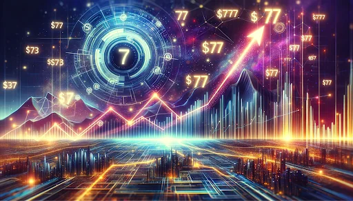 Dynamic, ascending financial chart of LSD Token surpassing the $7 mark aiming for $77 and then $777.