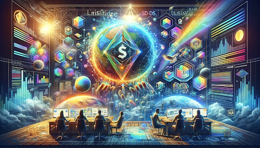 Visualization of the partnership between Xangle and L7 Global for the listing of the LSD Token, showcasing the fusion of traditional and digital financial worlds with elements of Web3 technology.