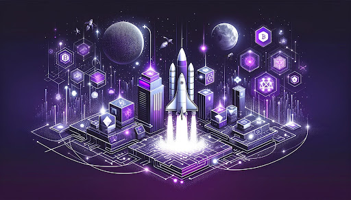 Launch of a crypto project on a launchpad, depicted by a rocket and digital blocks in purple and white.