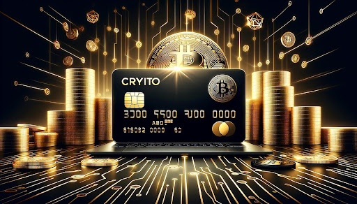 Elegant crypto debit card in black and gold, symbolising the connection between traditional finance and the world of cryptocurrencies.